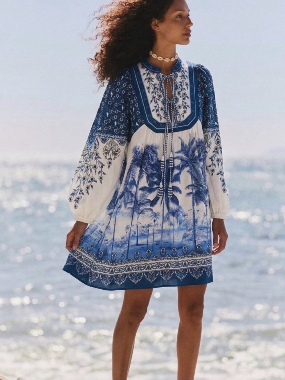 FARM Rio Blue and White Palm-Scene Tunic Coverup